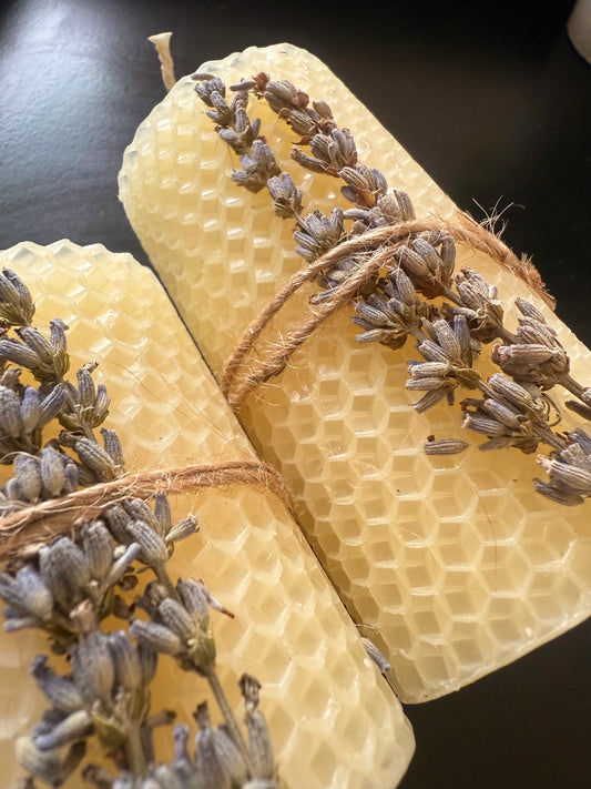 Two artisan beeswax candles